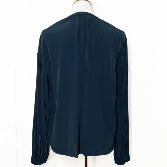 Something Navy Draped Pleated Long Sleeve Navy Blue Buttondown Blouse Top Small - Picture 9 of 12